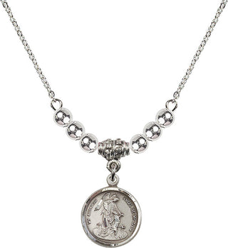 18" Rhodium Plated Necklace with 4mm Sterling Silver Beads featuring a Sterling Silver Guardian Angel Medal. Engraved Catholic Saint Jewelry