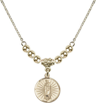 18" Hamilton Gold Plated Necklace with 4mm 14kt Gold Filled Beads featuring a 14kt Gold Filled Our Lady of Guadalupe Medal. Engraved Catholic Saint Jewelry