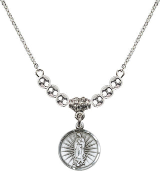 18" Rhodium Plated Necklace with 4mm Sterling Silver Beads featuring a Sterling Silver Our Lady of Guadalupe Medal. Engraved Catholic Saint Jewelry