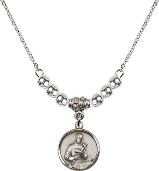 18" Rhodium Plated Necklace with 4mm Sterling Silver Beads featuring a Sterling Silver Saint Gerard Medal. Engraved Catholic Saint Jewelry