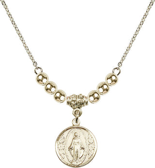 18" Hamilton Gold Plated Necklace with 4mm 14kt Gold Filled Beads featuring a 14kt Gold Filled Miraculous Medal.
