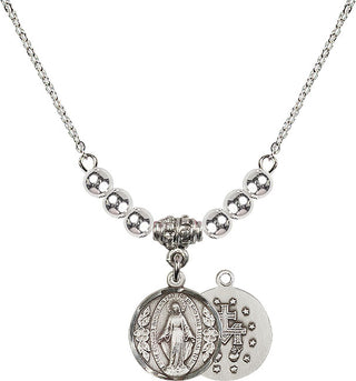 18" Rhodium Plated Necklace with 4mm Sterling Silver Beads featuring a Sterling Silver Miraculous Medal.