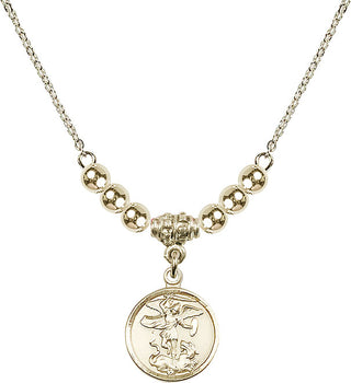 18" Hamilton Gold Plated Necklace with 4mm 14kt Gold Filled Beads featuring a 14kt Gold Filled Saint Michael the Archangel Medal.
