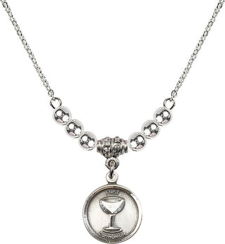 18" Rhodium Plated Necklace with 4mm Sterling Silver Beads featuring a Sterling Silver Communion Medal. Engraved Catholic Saint Jewelry