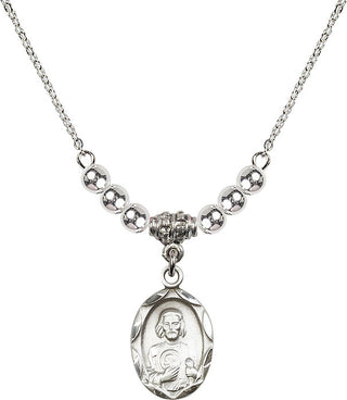18" Rhodium Plated Necklace with 4mm Sterling Silver Beads featuring a Sterling Silver Saint Jude Medal. Engraved Catholic Saint Jewelry
