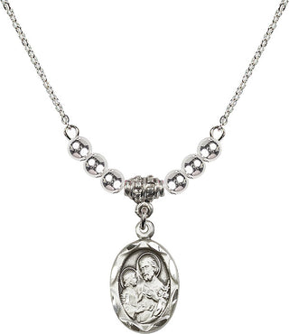18" Rhodium Plated Necklace with 4mm Sterling Silver Beads featuring a Sterling Silver Saint Joseph Medal. Engraved Catholic Saint Jewelry
