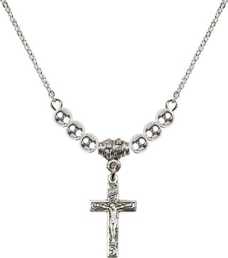 18" Rhodium Plated Necklace with 4mm Sterling Silver Beads featuring a Sterling Silver Crucifix Medal.