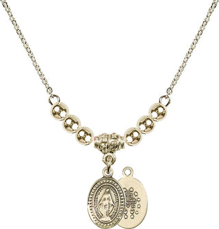 18" Hamilton Gold Plated Necklace with 4mm 14kt Gold Filled Beads featuring a 14kt Gold Filled Miraculous Medal.