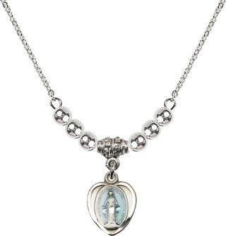 18" Rhodium Plated Necklace with 4mm Sterling Silver Beads featuring a Sterling Silver Miraculous Medal.