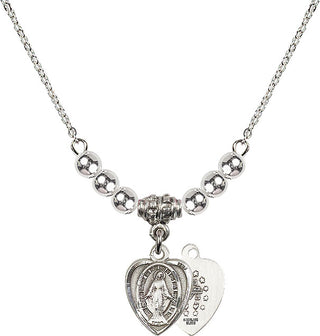 18" Rhodium Plated Necklace with 4mm Sterling Silver Beads featuring a Sterling Silver Miraculous Medal.