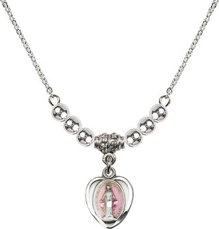 18" Rhodium Plated Necklace with 4mm Sterling Silver Beads featuring a Sterling Silver Miraculous Medal.