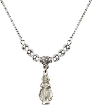 18" Rhodium Plated Necklace with 4mm Sterling Silver Beads featuring a Sterling Silver Infant of Prague Medal.