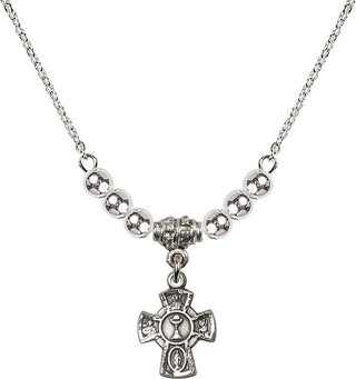 18" Rhodium Plated Necklace with 4mm Sterling Silver Beads featuring a Sterling Silver 5-Way / Chalice Medal.