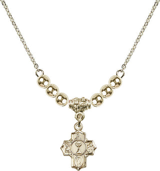 18" Hamilton Gold Plated Necklace with 4mm 14kt Gold Filled Beads featuring a 14kt Gold Filled Communion 5-Way Medal.