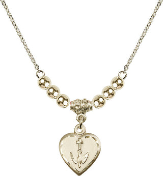18" Hamilton Gold Plated Necklace with 4mm 14kt Gold Filled Beads featuring a 14kt Gold Filled Heart / Confirmation Medal.
