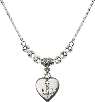 18" Rhodium Plated Necklace with 4mm Sterling Silver Beads featuring a Sterling Silver Heart / Confirmation Medal.