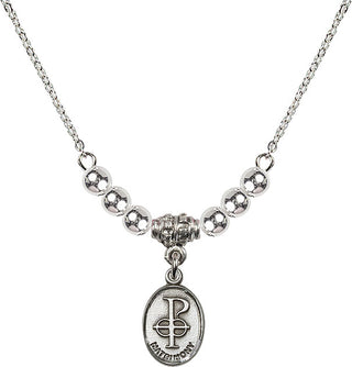 18" Rhodium Plated Necklace with 4mm Sterling Silver Beads featuring a Sterling Silver Matrimony Medal.