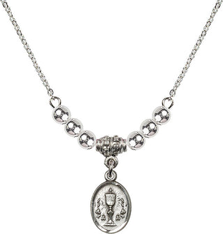 18" Rhodium Plated Necklace with 4mm Sterling Silver Beads featuring a Sterling Silver Chalice Medal.