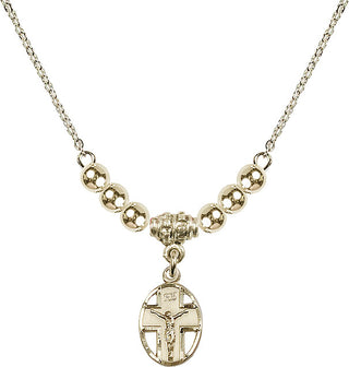 18" Hamilton Gold Plated Necklace with 4mm 14kt Gold Filled Beads featuring a 14kt Gold Filled Crucifix Medal.