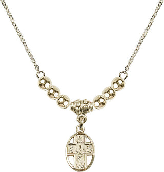 18" Hamilton Gold Plated Necklace with 4mm 14kt Gold Filled Beads featuring a 14kt Gold Filled 5-Way / Chalice Medal.