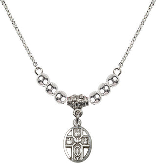18" Rhodium Plated Necklace with 4mm Sterling Silver Beads featuring a Sterling Silver 5-Way Medal.