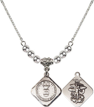 18" Rhodium Plated Necklace with 4mm Sterling Silver Beads featuring a Sterling Silver Air Force Diamond Medal.