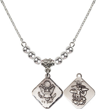 18" Rhodium Plated Necklace with 4mm Sterling Silver Beads featuring a Sterling Silver Army Diamond Medal.