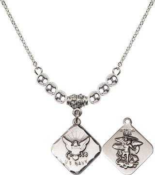 18" Rhodium Plated Necklace with 4mm Sterling Silver Beads featuring a Sterling Silver Navy Diamond Medal.