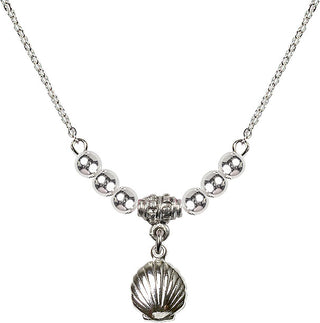 18" Rhodium Plated Necklace with 4mm Sterling Silver Beads featuring a Sterling Silver Shell Medal.