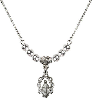 18" Rhodium Plated Necklace with 4mm Sterling Silver Beads featuring a Sterling Silver Miraculous Medal.