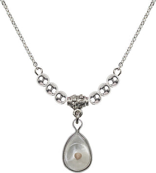 18" Rhodium Plated Necklace with 4mm Sterling Silver Beads featuring a Sterling Silver Mustard Seed Medal.