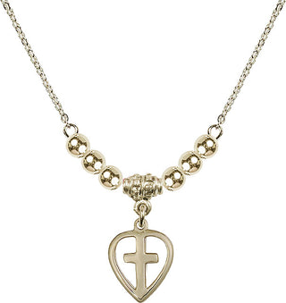 18" Hamilton Gold Plated Necklace with 4mm 14kt Gold Filled Beads featuring a 14kt Gold Filled Heart / Cross Medal.