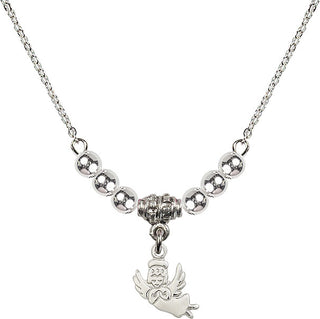 18" Rhodium Plated Necklace with 4mm Sterling Silver Beads featuring a Sterling Silver Guardian Angel Medal.