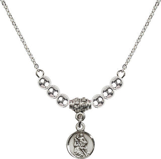18" Rhodium Plated Necklace with 4mm Sterling Silver Beads featuring a Sterling Silver Saint Christopher Medal.