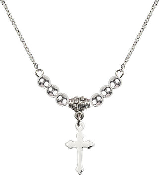 18" Rhodium Plated Necklace with 4mm Sterling Silver Beads featuring a Sterling Silver Cross Medal.