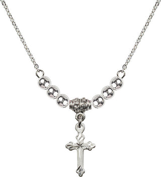 18" Rhodium Plated Necklace with 4mm Sterling Silver Beads featuring a Sterling Silver Cross Medal.