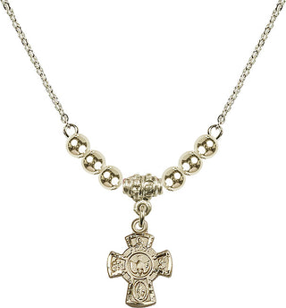 18" Hamilton Gold Plated Necklace with 4mm 14kt Gold Filled Beads featuring a 14kt Gold Filled 5-Way Medal.