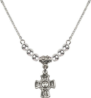 18" Rhodium Plated Necklace with 4mm Sterling Silver Beads featuring a Sterling Silver 5-Way Medal.