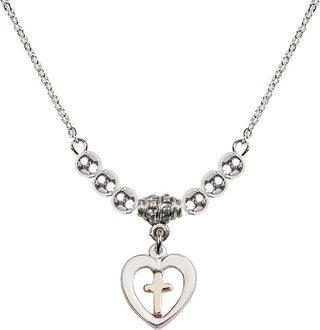18" Rhodium Plated Necklace with 4mm Gold Filled / Sterling Silver Beads featuring a Gold Filled / Sterling Silver Heart / Cross Medal.