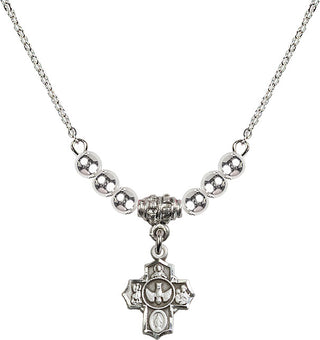 18" Rhodium Plated Necklace with 4mm Sterling Silver Beads featuring a Sterling Silver 5-Way Medal.