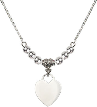 18" Rhodium Plated Necklace with 4mm Sterling Silver Beads featuring a Sterling Silver Heart Medal. Engraved Catholic Saint Jewelry
