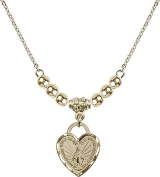 18" Hamilton Gold Plated Necklace with 4mm 14kt Gold Filled Beads featuring a 14kt Gold Filled Miraculous Heart Medal. Engraved Catholic Saint Jewelry