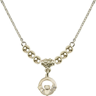 18" Hamilton Gold Plated Necklace with 4mm 14kt Gold Filled Beads featuring a 14kt Gold Filled Claddagh Medal.