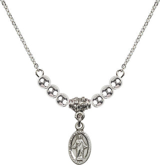 18" Rhodium Plated Necklace with 4mm Sterling Silver Beads featuring a Sterling Silver Scapular Medal.