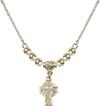 18" Hamilton Gold Plated Necklace with 4mm 14kt Gold Filled Beads featuring a 14kt Gold Filled Celtic Cross Medal.