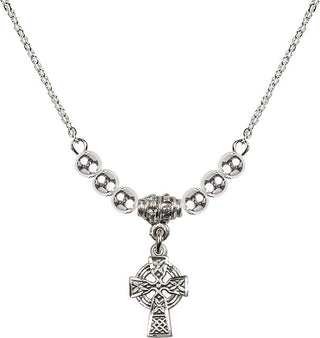 18" Rhodium Plated Necklace with 4mm Sterling Silver Beads featuring a Sterling Silver Celtic Cross Medal.