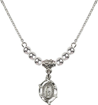 18" Rhodium Plated Necklace with 4mm Sterling Silver Beads featuring a Sterling Silver Miraculous Medal.