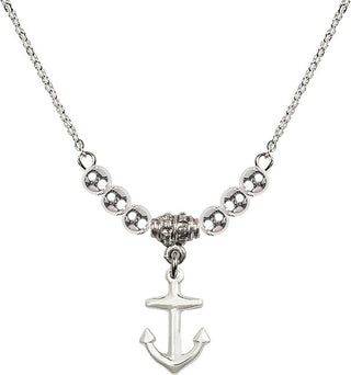 18" Rhodium Plated Necklace with 4mm Sterling Silver Beads featuring a Sterling Silver Anchor Medal.