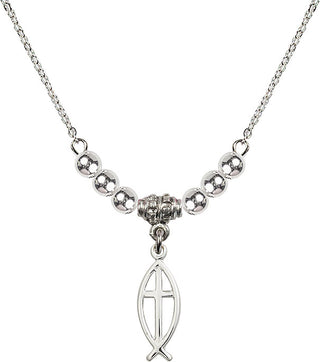18" Rhodium Plated Necklace with 4mm Sterling Silver Beads featuring a Sterling Silver Fish / Cross Medal.