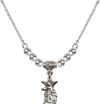 18" Rhodium Plated Necklace with 4mm Sterling Silver Beads featuring a Sterling Silver Guardian Angel Medal.